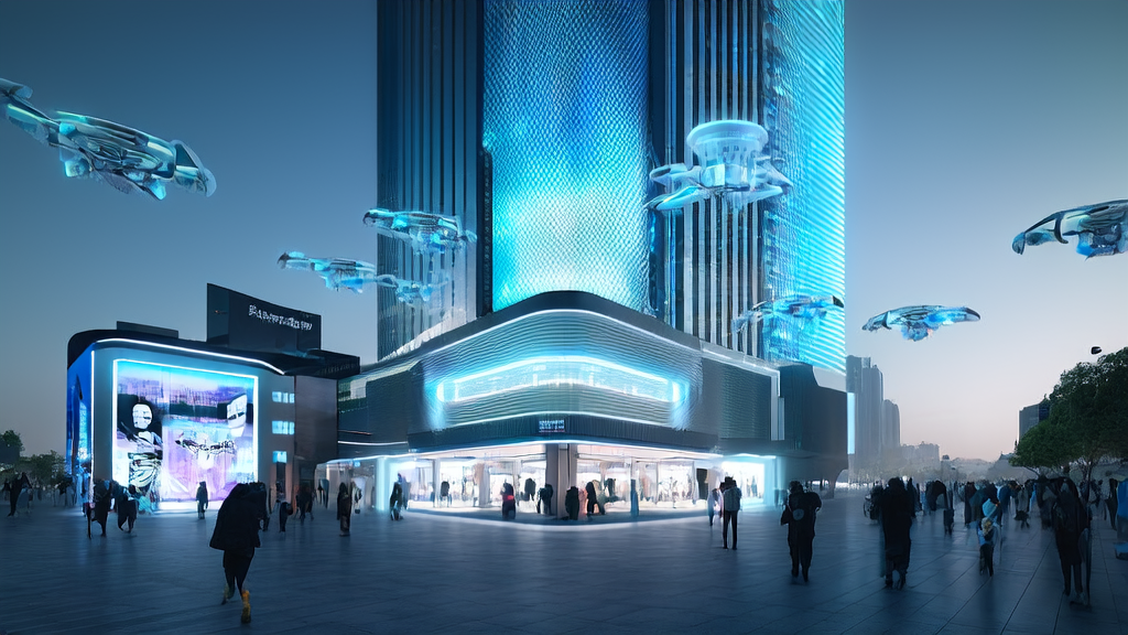 AI marketing display and personalized ads in a futuristic city square