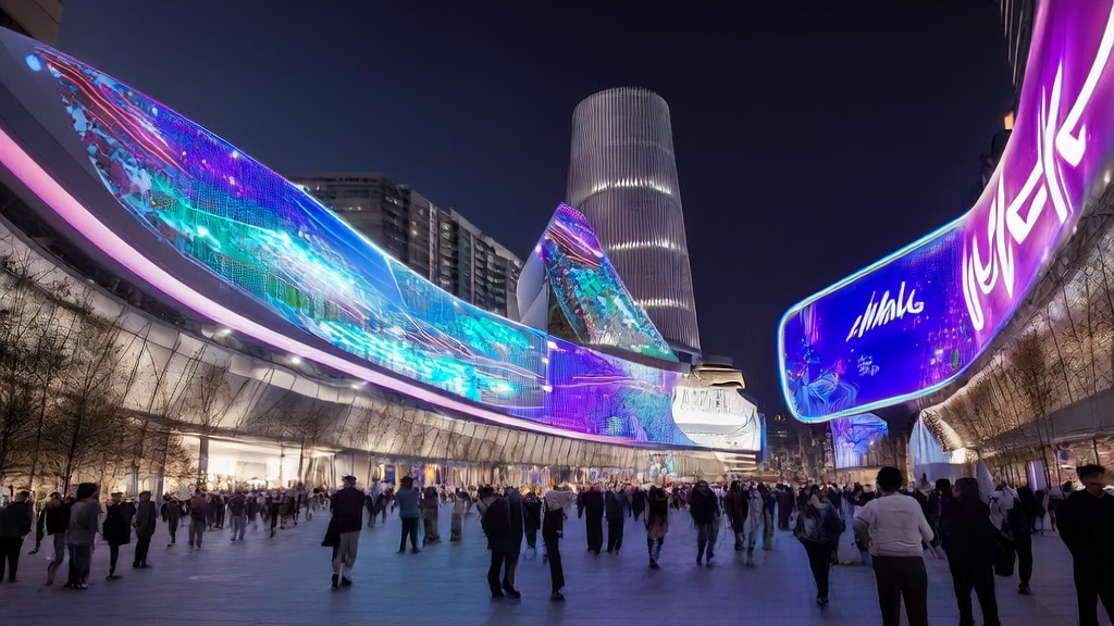 Future city square showcasing AI marketing and NVIDIA Audio-SDS technology
