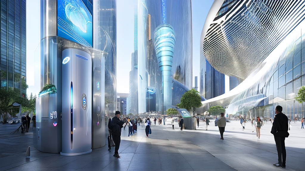 Future city street where a blind user explores surroundings using the StreetReaderAI system