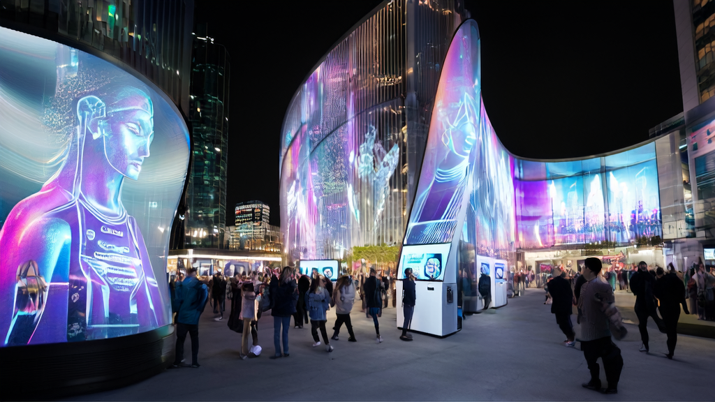 People generating personalized virtual avatars with Higgsfield Soul ID on a futuristic city street and taking photos
