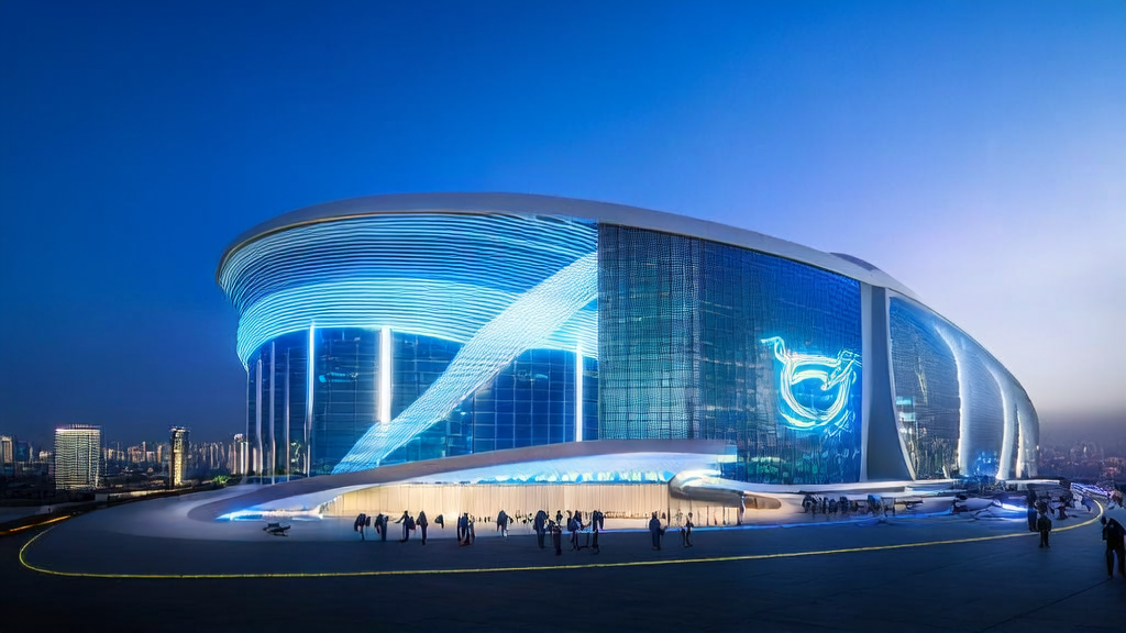 Tencent AI Lab building in a futuristic city, with high-tech equipment and busy researchers bathed in sunlight