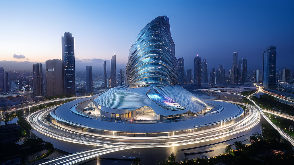 未来城市中的腾讯混元AI技术核心建筑及智能交通系统