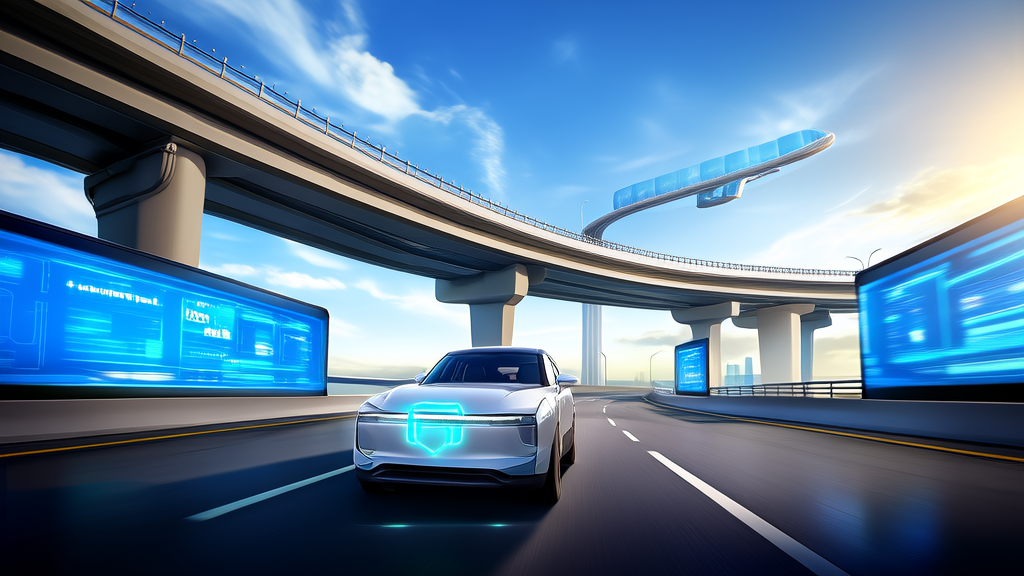 Self-driving XPeng car with Turing AI chip in a futuristic city, Twitter data analysis displayed on roadside screens