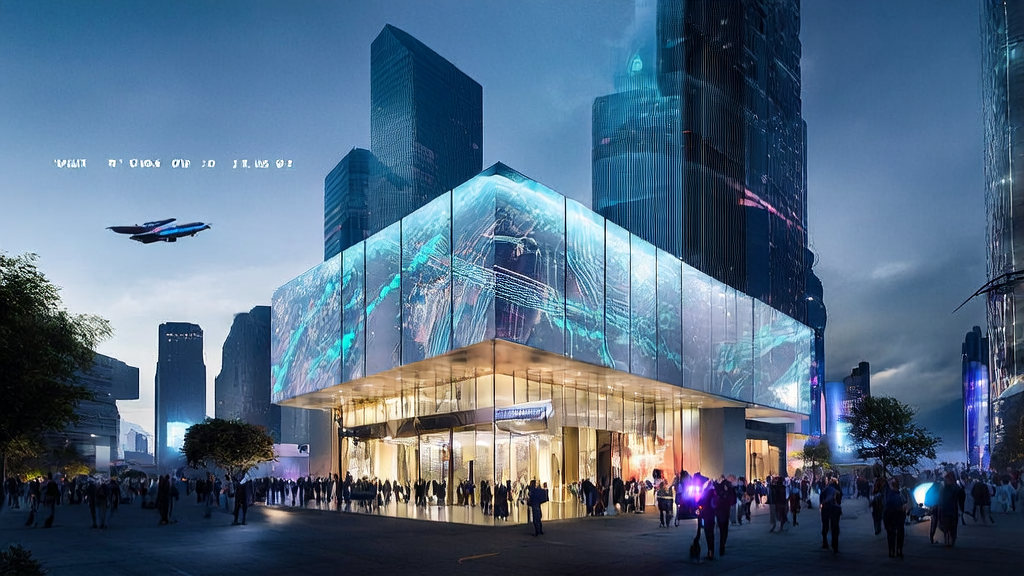Developers gather excitedly outside an Apple flagship store in a futuristic city, discussing the upcoming AI model release that will drive new customer acquisition channels.