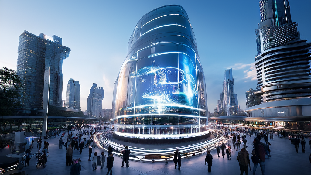 AI Acquisition Solutions Showcase in a Futuristic City