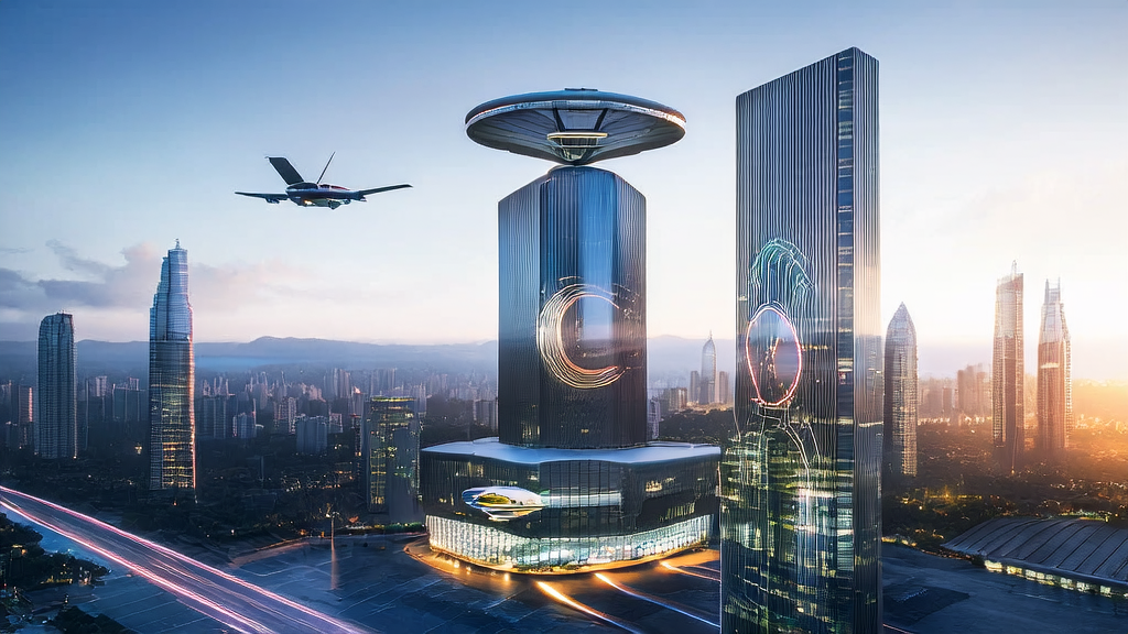 AI customer acquisition system and startup team in a futuristic city