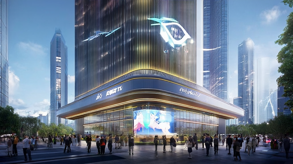 未来城市的现代化办公大楼展示了马斯克的xAI公司及其AI智能获客系统的广告