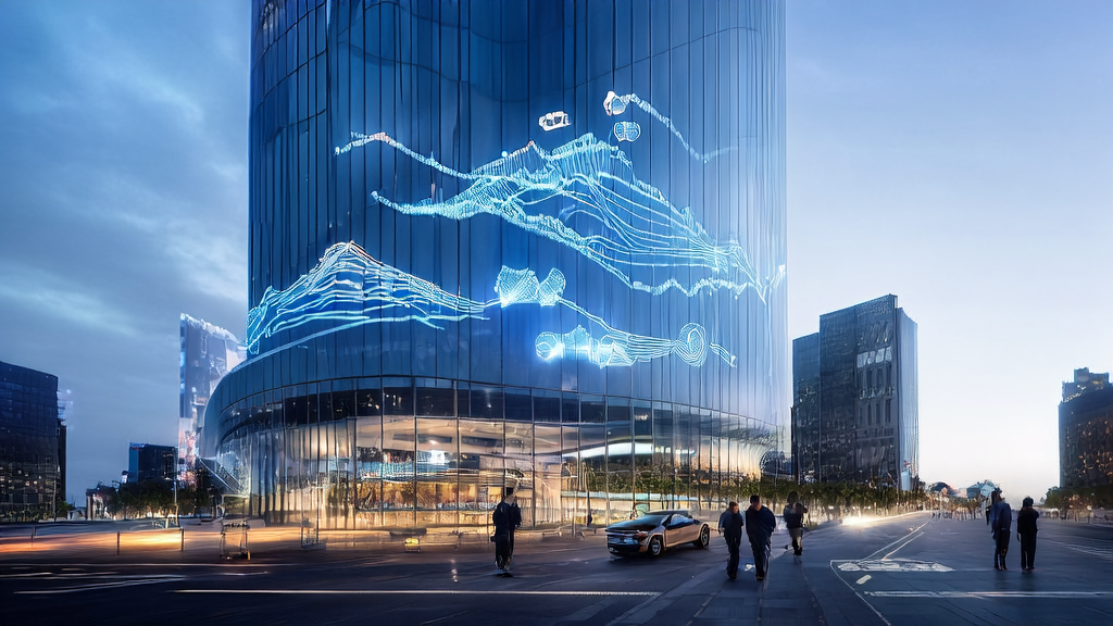 Scene depicting AI acquisition trends in 2025 in a futuristic city