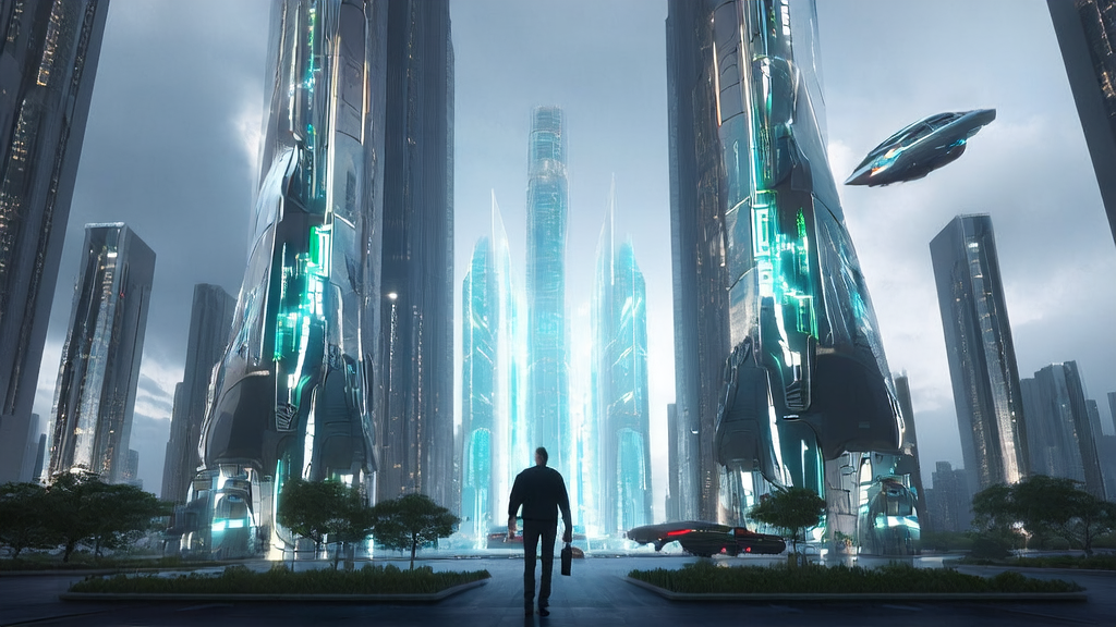 A future city with intelligent advertising towers and humanoid robots showcasing AI applications in precise customer acquisition and manufacturing