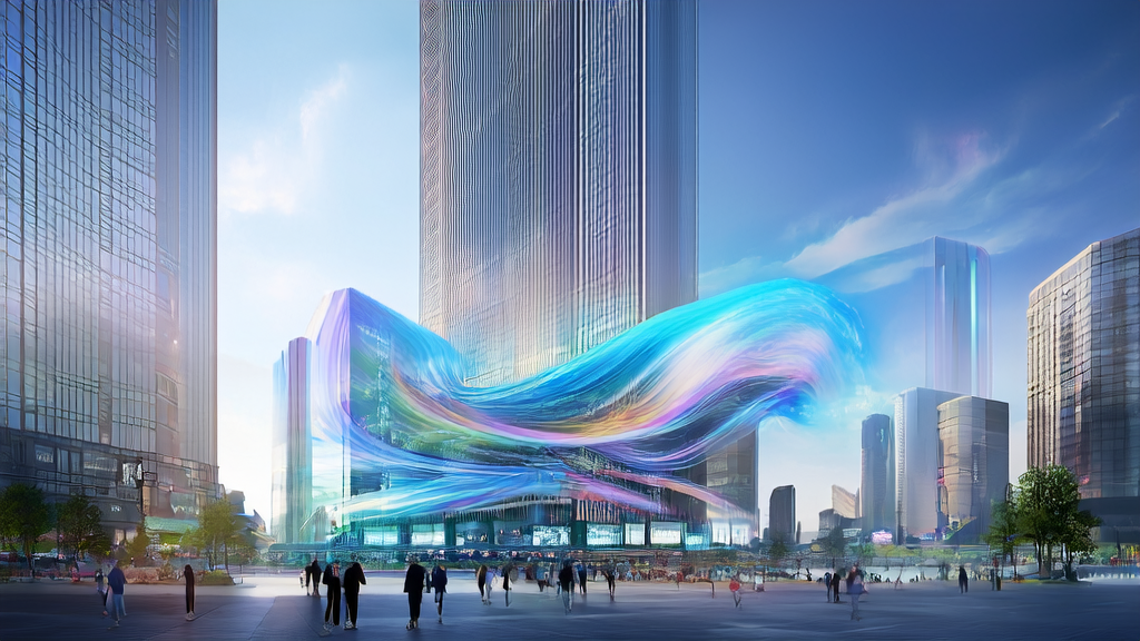 未来城市中展示AI生成动画和个性化邮件营销的场景