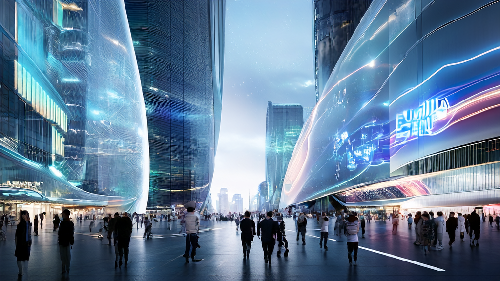 未来城市中的AI智能获客系统展示，智能机器人与行人并肩行走，电子屏幕显示AI运作流程，背景有Figma和Google合作标志