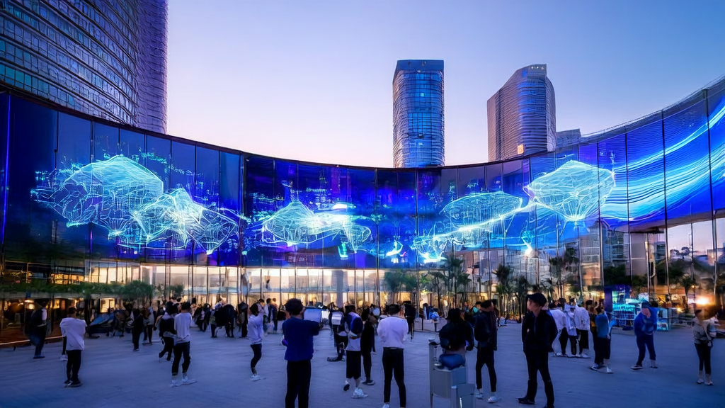 未来城市的智能建筑展示AI客户预测模型，学生们使用千问App进行学习和交流