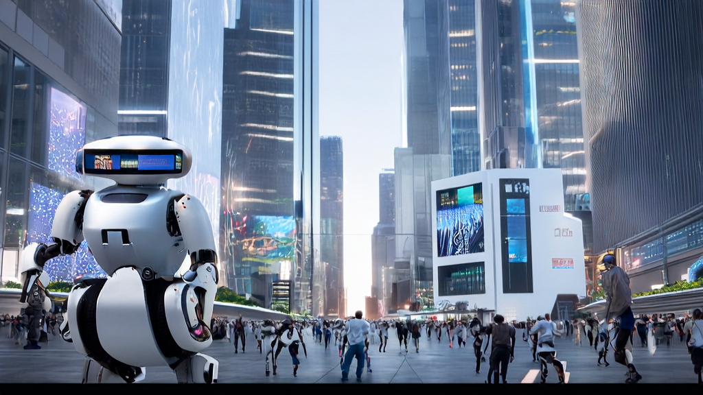 Robots equipped with Zhiyuan RoboOS2.0 collecting customer data in a futuristic city