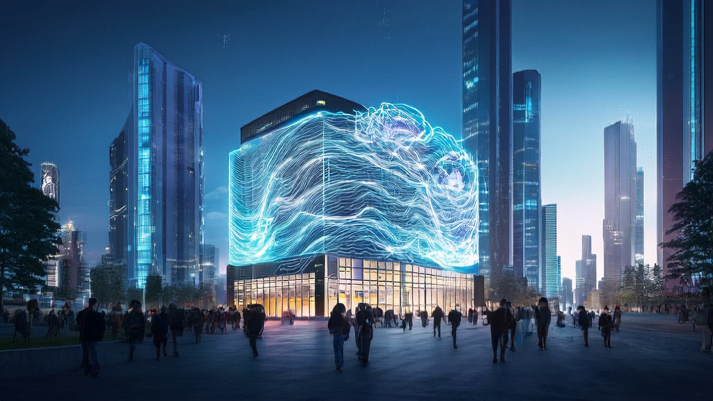 A futuristic city scene illustrating AI data collection and marketing, highlighting how Opera Neon browser enhances user experience and marketing efficiency through AI technology.