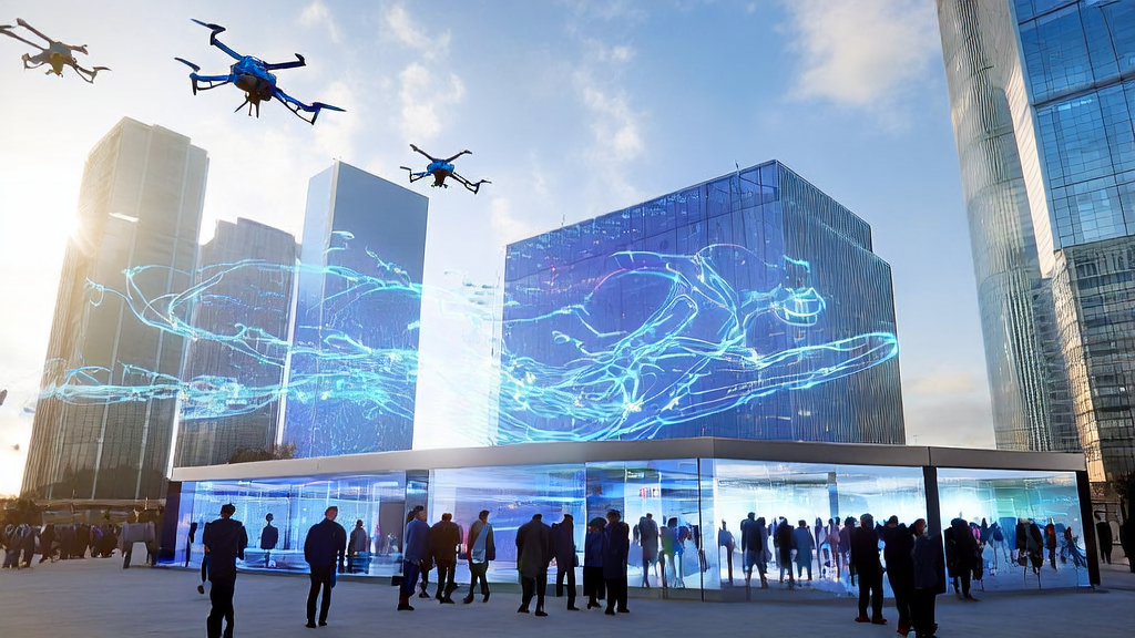 未来科技城市的商务场景，展示AI智能获客系统与Qianfan-VL的多模态分析