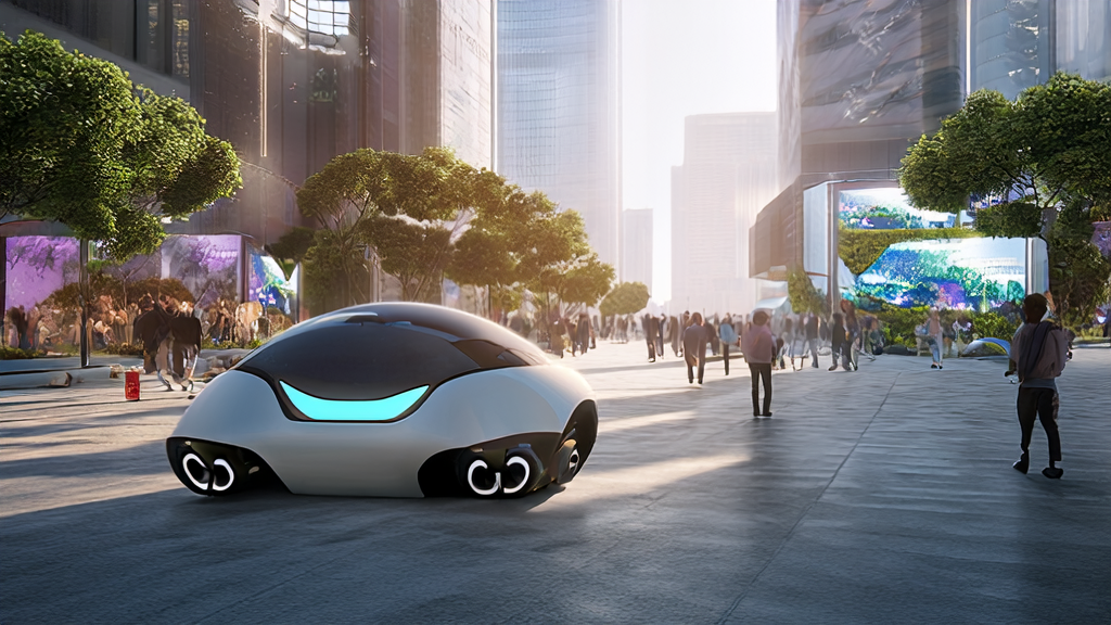 未来城市的街头，现代汽车的AI驱动MobED机器人在人群中穿梭，路边广告牌展示个性化广告内容