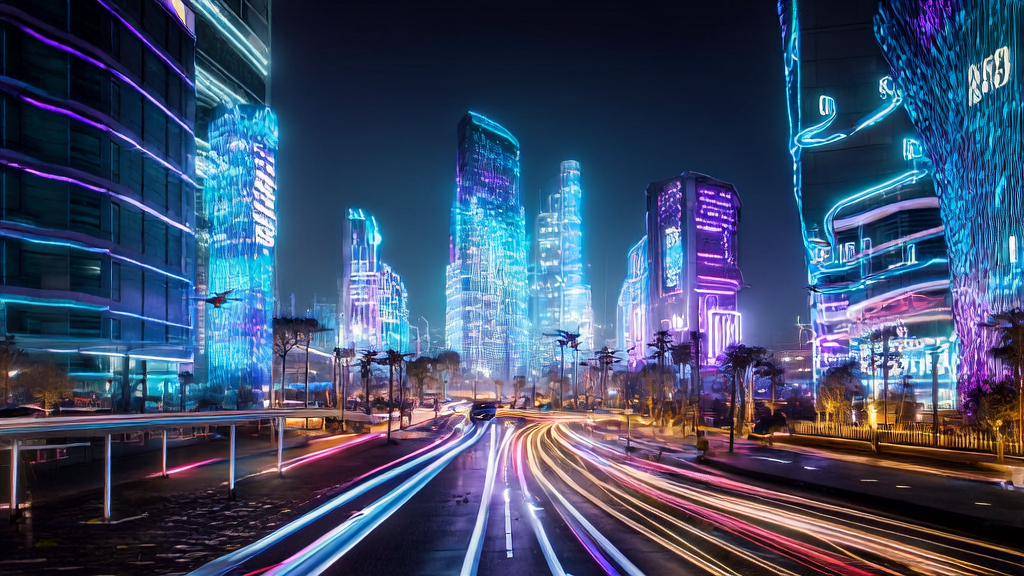 Night view of a futuristic city showcasing self-driving cars, drones, and a large screen displaying “AI Keyword Optimization“