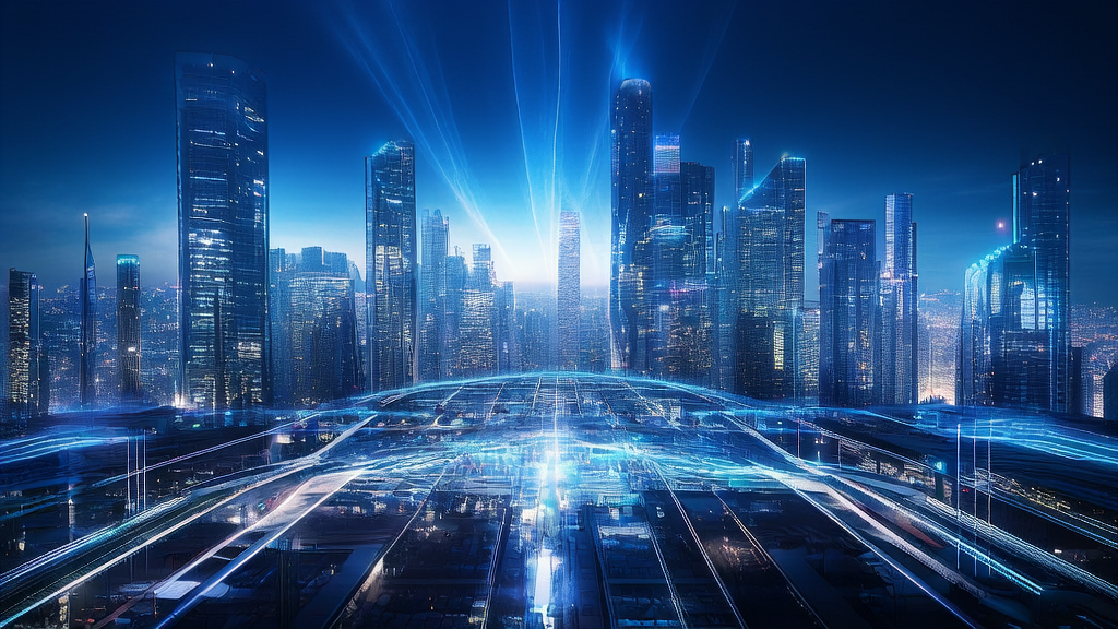A scene of future city with AI marketing, showcasing the connection between intelligent robots and data centers, and businesses reaching global customers efficiently using AI technology