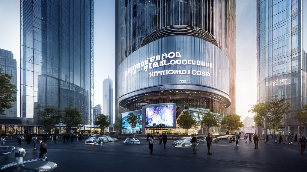 Tall buildings in a futuristic city showcasing SenseTime's latest AI marketing technology