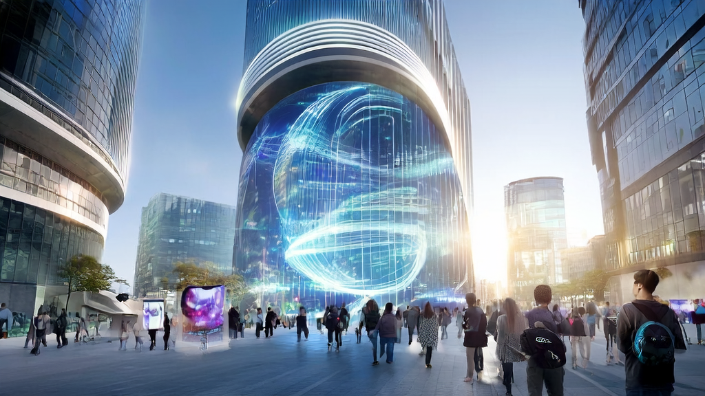 Scene of future city with AI-optimized advertising, precisely reaching target audiences