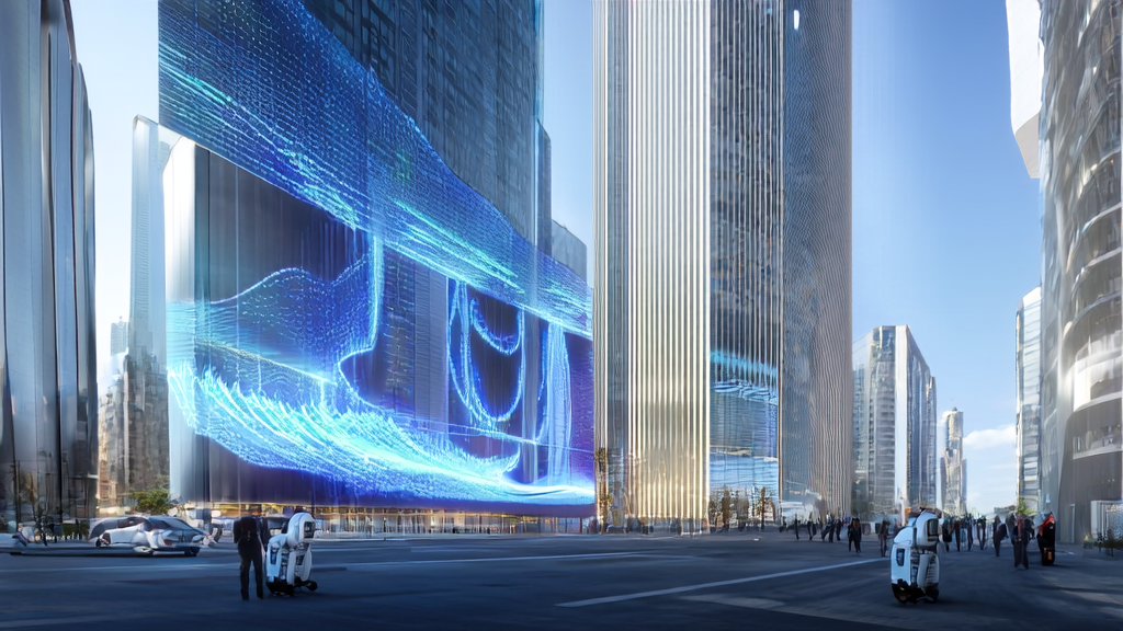 未来城市的街头,机器人使用NavFoM模型进行零样本导航,展示AI优化广告投放技术