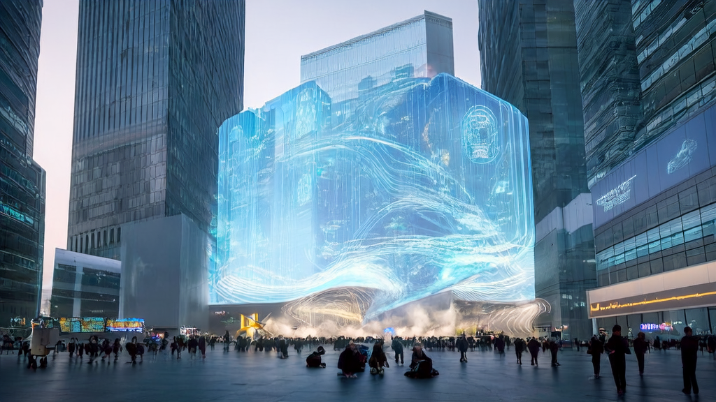 A futuristic city street where an entrepreneur is leveraging AI technology for hyper-personalized email marketing, with an AI customer prediction model sculpture nearby and the "National Hand-made Spark Application Contest" in the background.