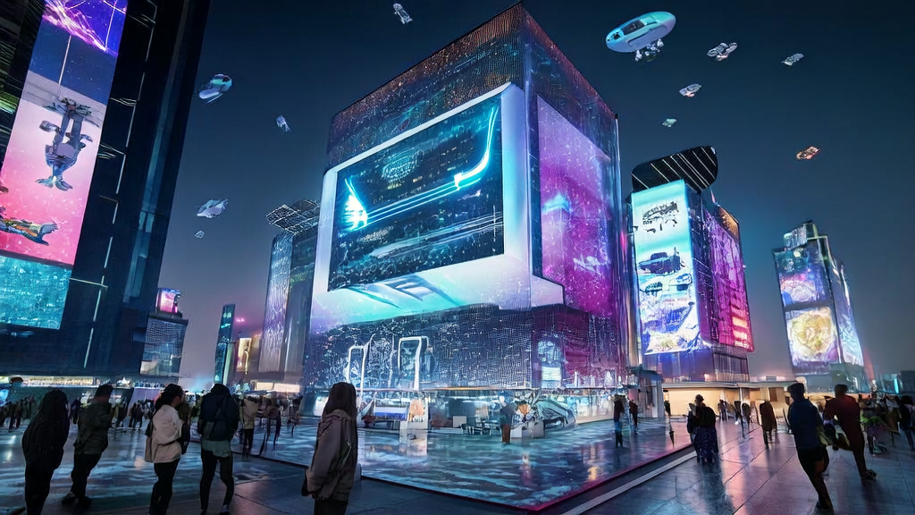 未来城市的夜景中，巨大的数字屏幕展示着淘宝RecGPT推荐系统，智能机器人和行人穿梭其中。