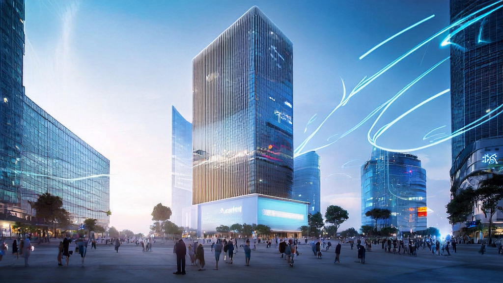 A future city showcasing AI technology applications, highlighting the significance of Qwen