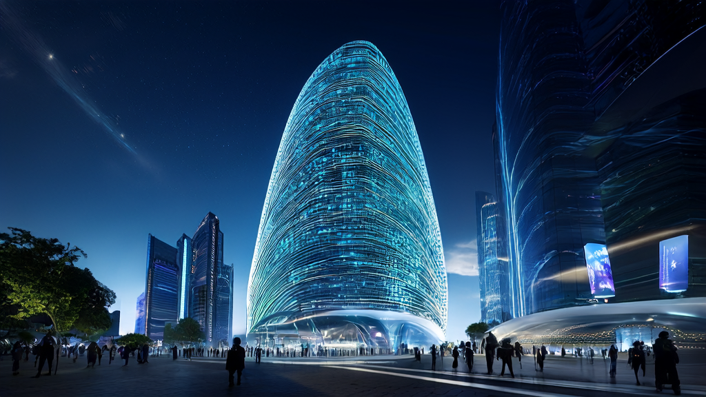 未来城市中展示GPT-5营销案例的高科技场景