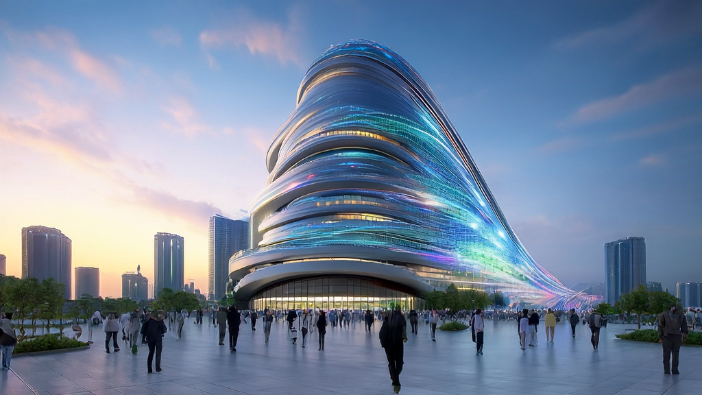 A high-tech skyscraper in a future city showcasing DeepSeek's latest data and achievements, symbolizing AI-driven customer acquisition solutions