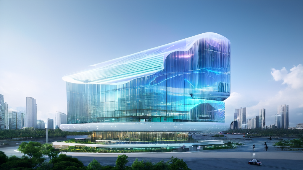 A futuristic city where independent stations leverage AI technology for keyword optimization and traffic surge