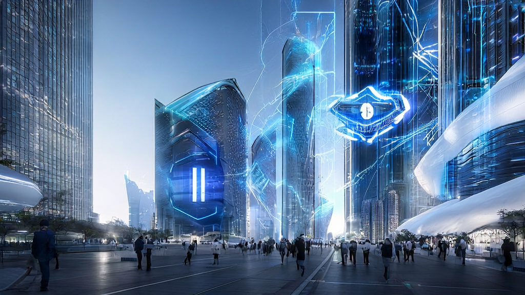 A futuristic city featuring Alibaba Cloud AgentBay, showcasing AI acquisition and customer data cleansing services