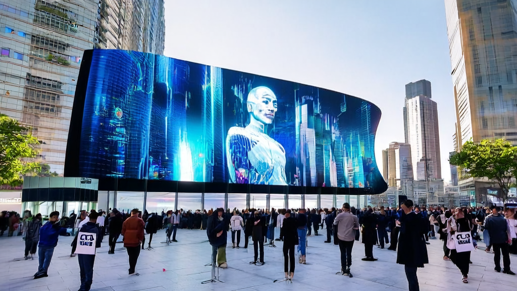 A large digital screen in a futuristic city center showcasing Baidu NOVA's digital human technology, attracting passersby to watch and interact.