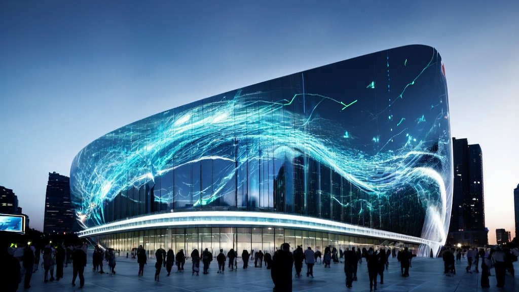 未来城市的透明玻璃建筑中展示了InsightAgent高效处理客户数据的场景