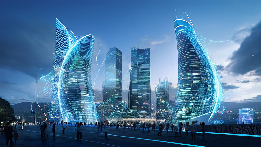 Scene of a future city showcasing DeepSeek's latest AI models