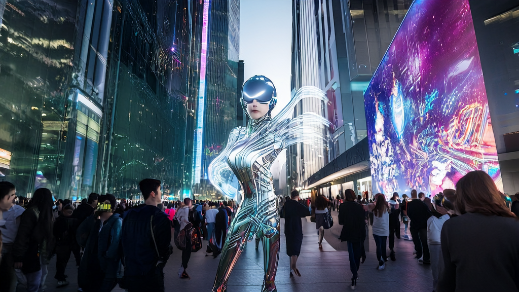 A futuristic city street with a virtual brand ambassador on a giant screen, surrounded by tech-infused billboards and digital displays.