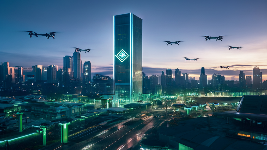 A futuristic city showcasing AI acquisition strategies with the Legion platform and new energy markets