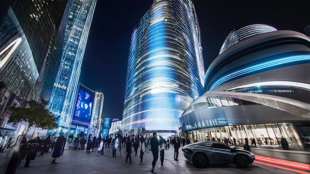 A futuristic city night scene showcasing AI technologies, including self-driving cars and the LongCat-Video-Avatar virtual human video generation model