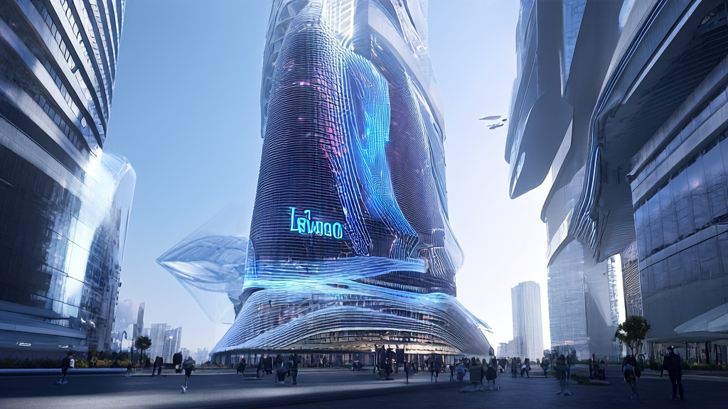 未来城市中的MindLink大楼及其展示的AI智能获客系统运作过程