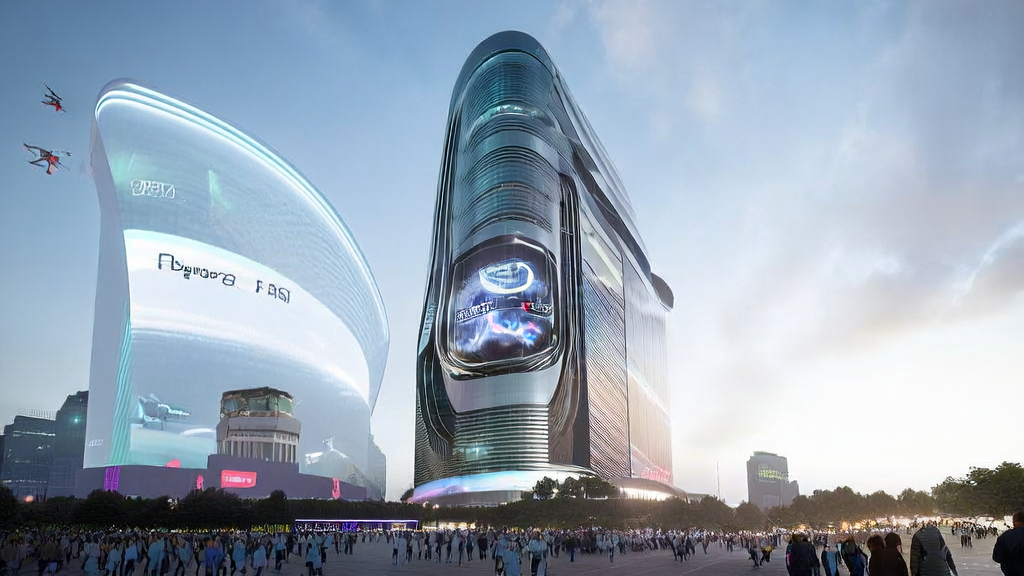 People in a futuristic city watching the PyTorch 2.8 launch live stream, with smart devices and personalized product recommendations displayed on the streets