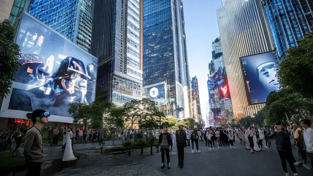 People wearing Qualcomm's new AR glasses experiencing augmented reality technology on the streets of a futuristic city