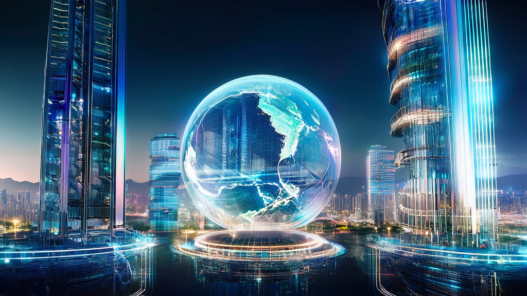 未来城市中的Qwen3-Max发布现场，展示AI智能获客系统在跨境电商中的应用