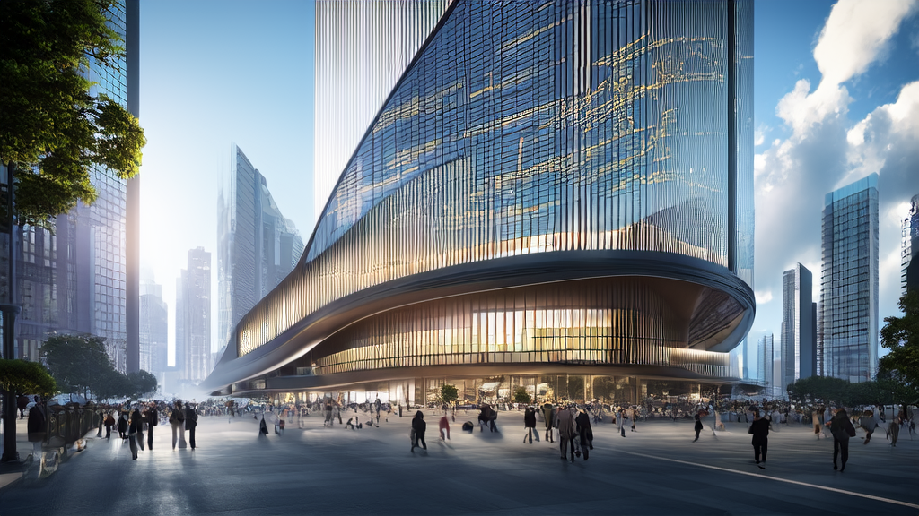 未来城市中展示Qwen-Image-Layered模型的高楼屏幕，行人们通过智能手机接收个性化广告推送