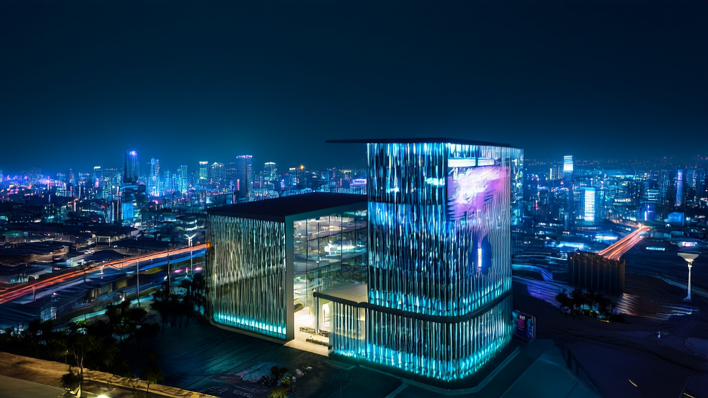 未来城市的夜晚，大楼内部展示Seaweed APT2生成的实时互动AI视频