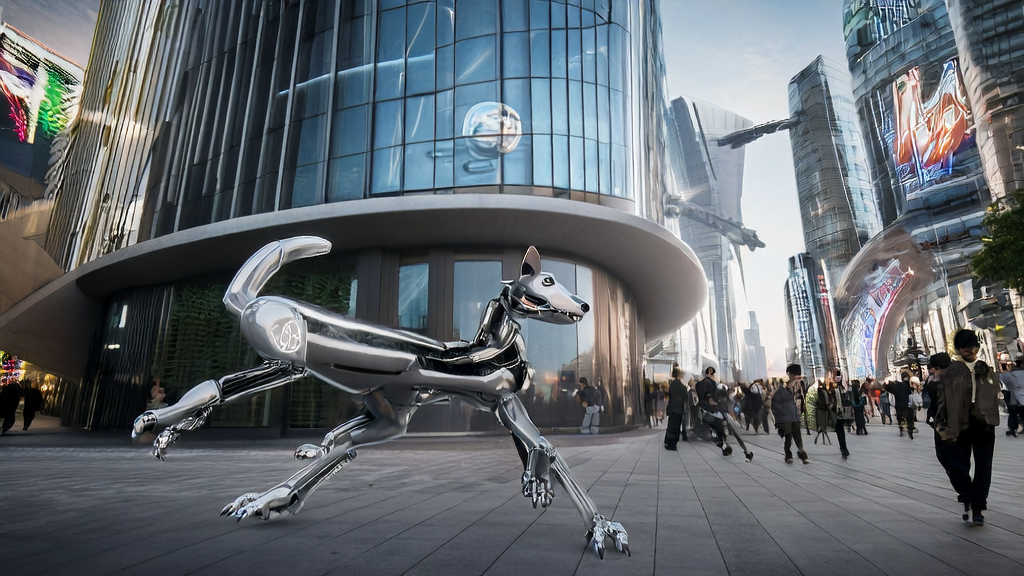 The Hengbot Sirius robot dog interacts with passersby in a futuristic city, showcasing its dancing, soccer-playing, and AI chat capabilities.