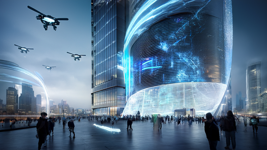 Application of Tencent Hunyuan 3D World Model in a future city, showcasing modern AI acquisition scenarios