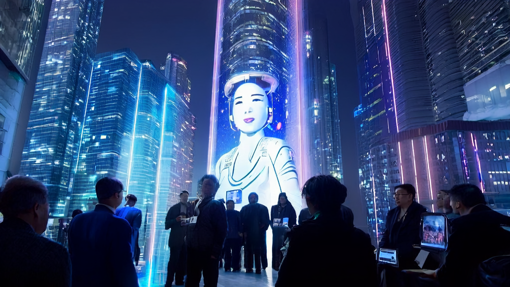 未来城市的办公楼内展示最新AI数字人Topview Avatar2