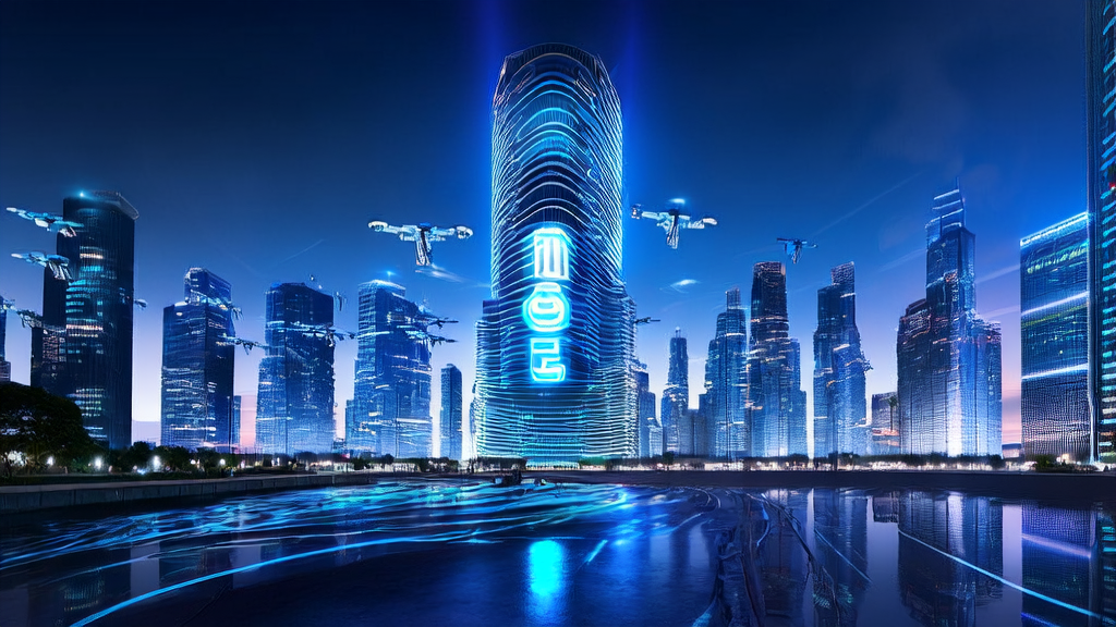 Future city with xAI data center and cross-border e-commerce professionals using smart devices to view advertising data analysis