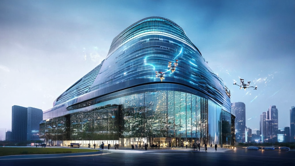 未来城市中的跨境电商大厦,展示AI技术在广告投放和物流中的应用