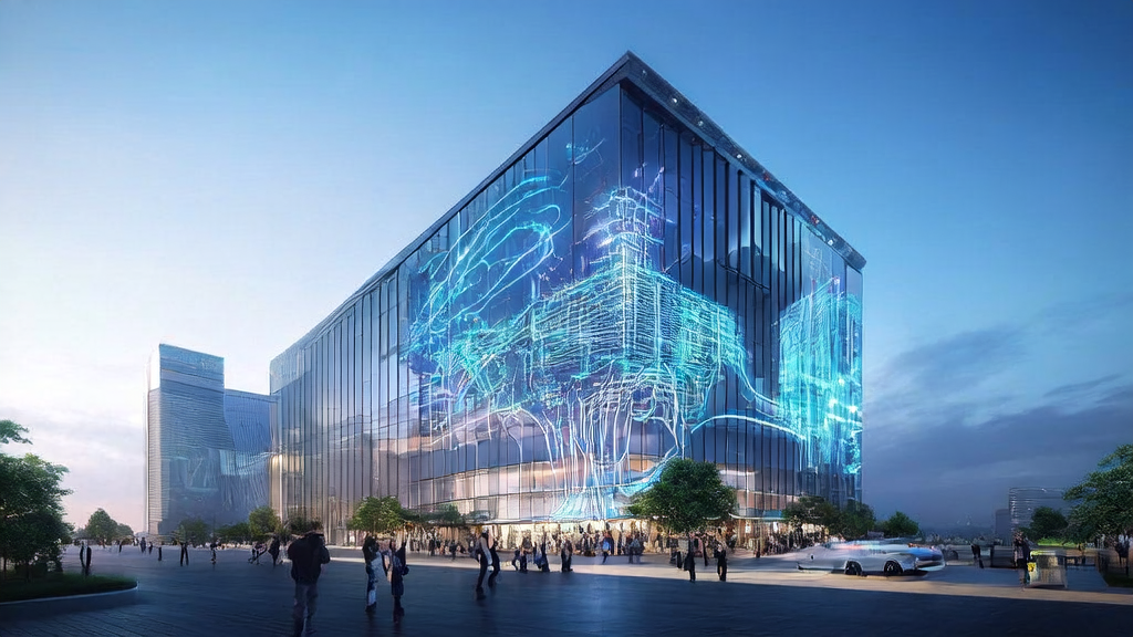 Modern office building in a futuristic city skyline, showcasing the impact of AI customer acquisition tools on cross-border e-commerce in 2025